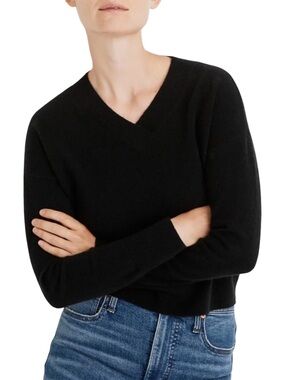 Madewell Women’s Classic Luxe Black Double V-Neck Sweater Medium EUC Fall Preppy